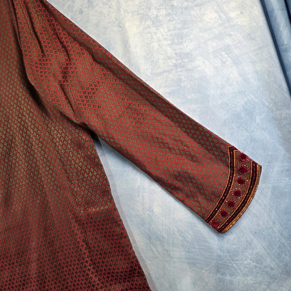 Mens Red Green Woven Kurta Tunic Embroidered Velvet Beadwork Traditional 105 - Picture 12 of 13